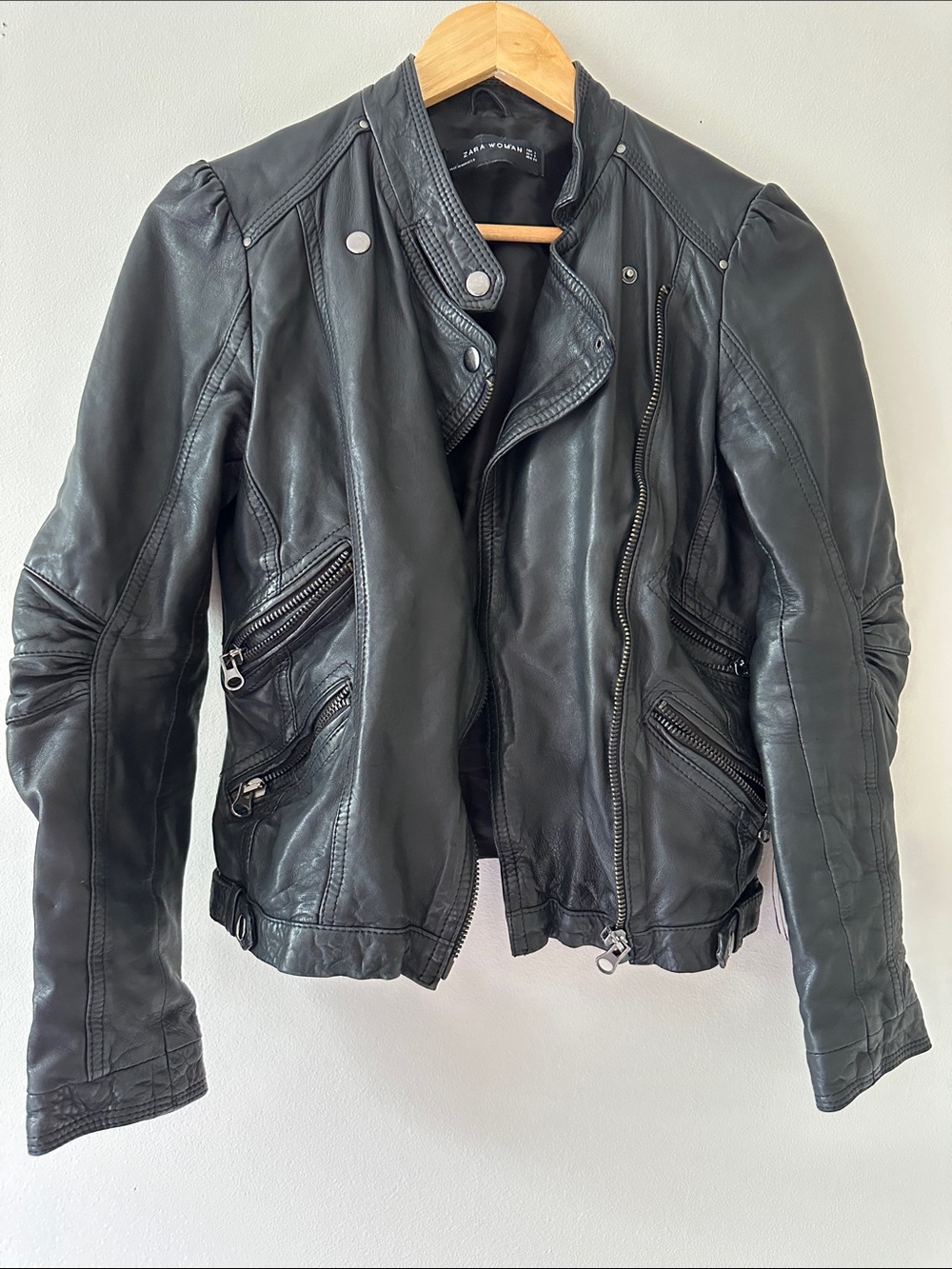 Zara Lambskin Black Leather Moto Jacket Size Small